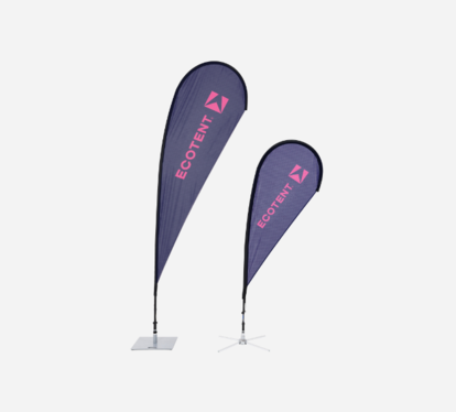 Two Ecotent® beachflags with logo on different bases.